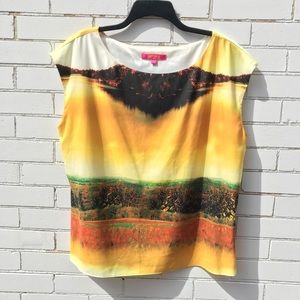 Catherine Malandrino Top shirt Large Dreamy Landscape photo print yellow